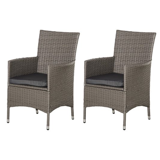 Outsunny 2 Pieces Outdoor PE Rattan Dining Chairs Set with Cushion, Garden Armchair with Armrests, High Backrest, Metal Frame Patio Wicker Furniture, Grey