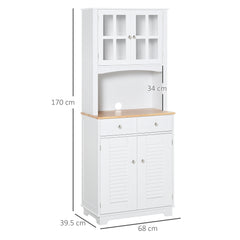 HOMCOM Modern Kitchen Cupboard, Louvered Kitchen Storage Cabinet with Framed Glass Doors and 2 Drawers, White