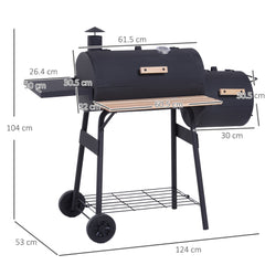 Outsunny Portable Charcoal BBQ Grill, Cold-rolled Steel, Solid Wood, 104H x 124L x53W cm-Black