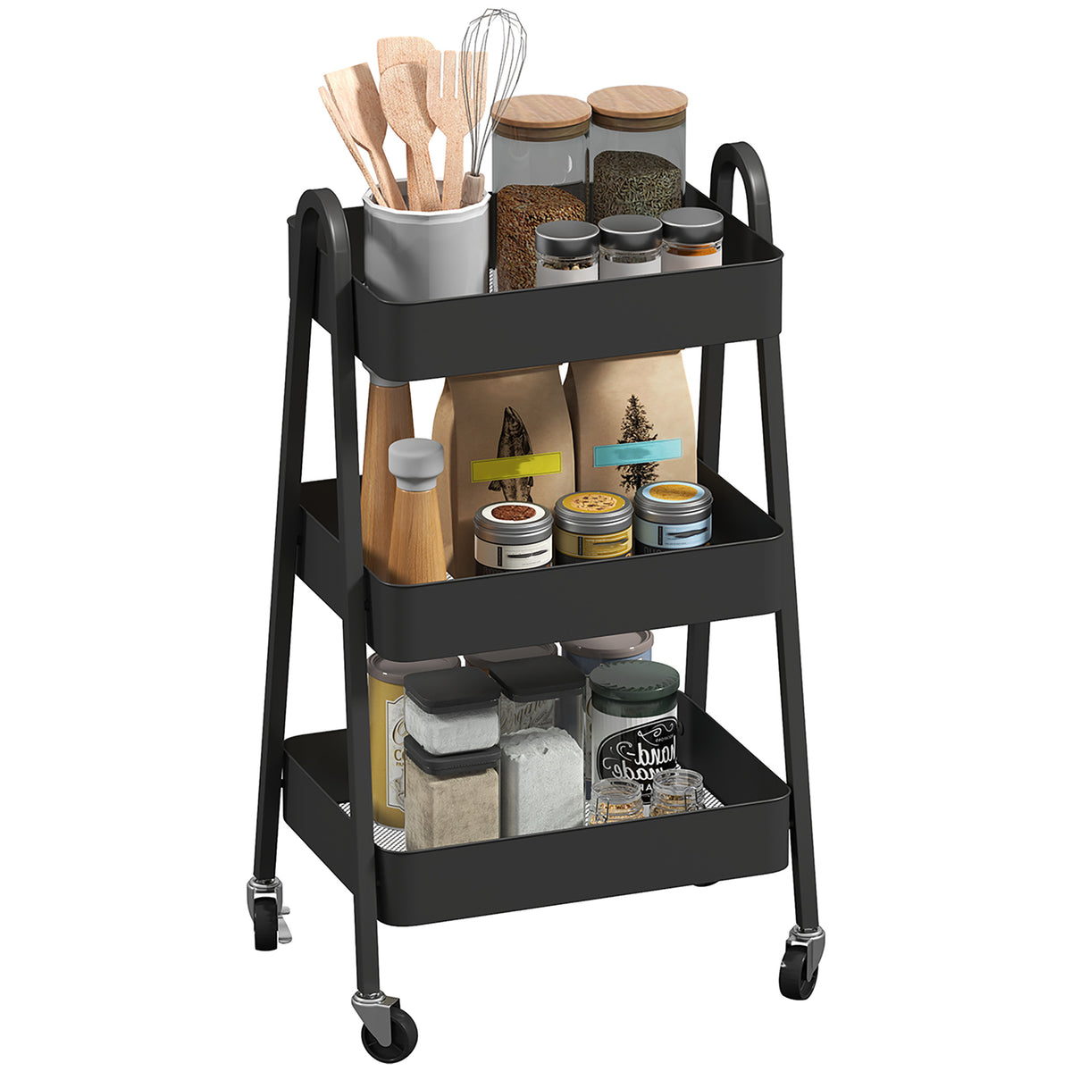 HOMCOM 3-Tier Storage Trolley on Wheels - Black