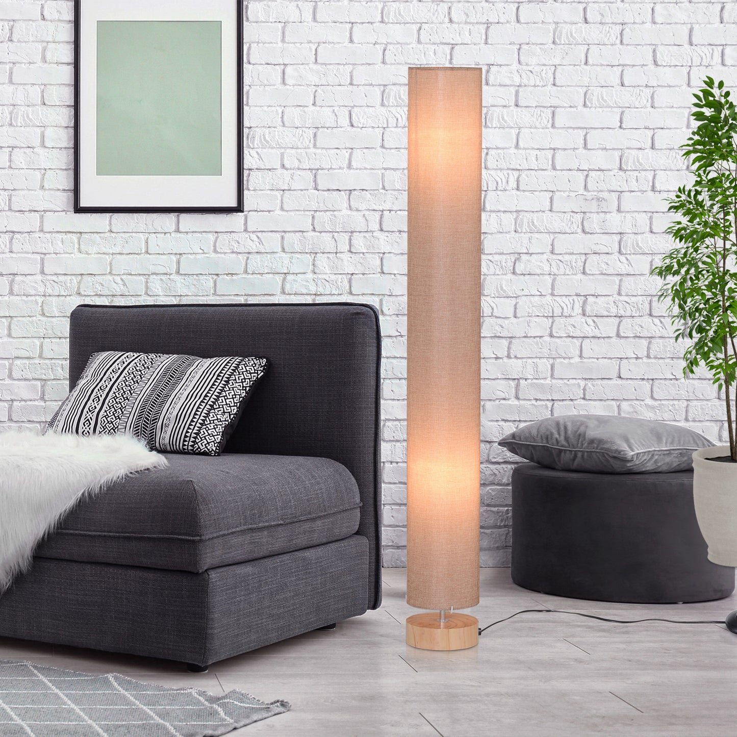 HOMCOM Floor Lamp for Living Room, 120cm Modern Standing Lamp with Linen Shade and Wooden Base, Cream