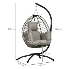 Outsunny Single Rattan Hanging Egg Chair, with Seat Cushion - Grey