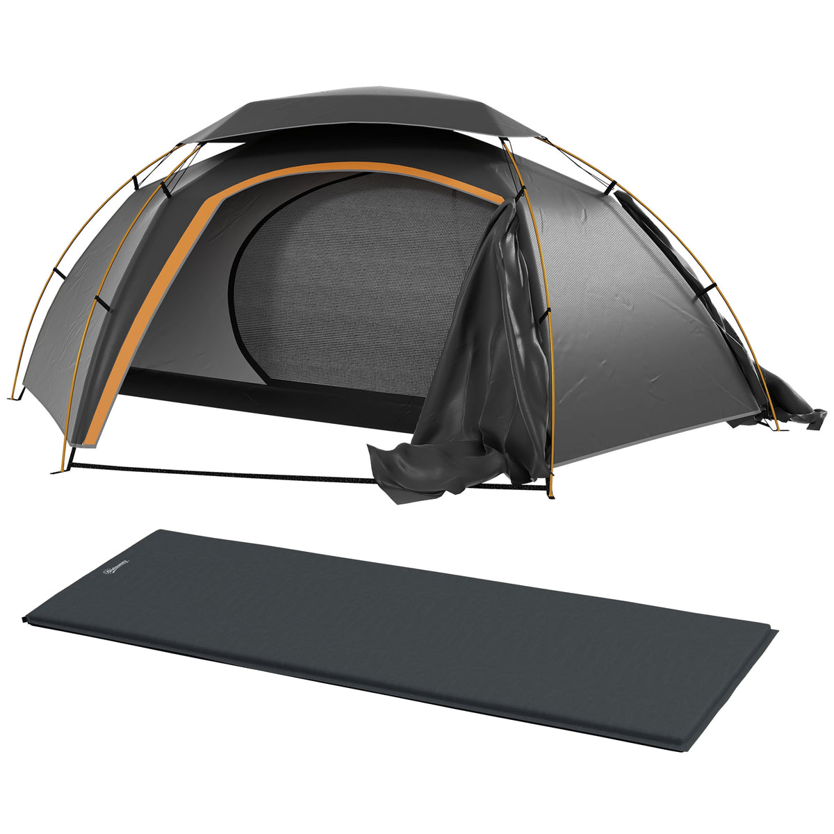 Outsunny Camping Tent with Self Inflatable Mattress, 1 Person Dome Tent with Removable Rainfly and Aluminium Frame, 2000mm Waterproof, Portable with Bags, for Fishing Hiking, Dark Grey/Grey