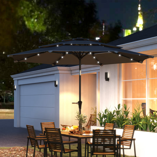 Outsunny 3-Tier Garden Parasol with Solar LED Lights, UPF 30+, Tilt Mechanism & Crank Handle, for Market Terrace, Dark Grey