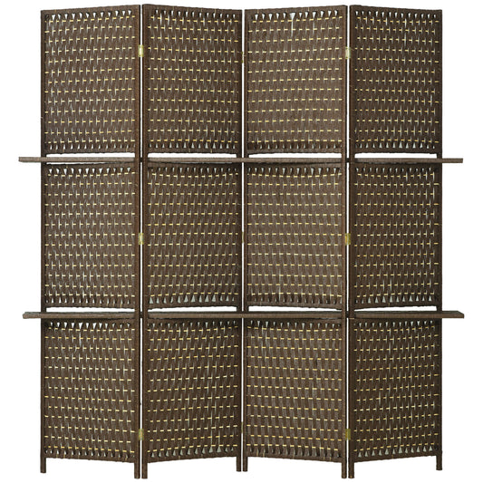 HOMCOM 4-Panel Room Dividers with Shelves, Wave Fibre Freestanding Folding Privacy Screen Panels, Partition Wall Divider for Indoor Bedroom Office, 180√Ç cm, Brown