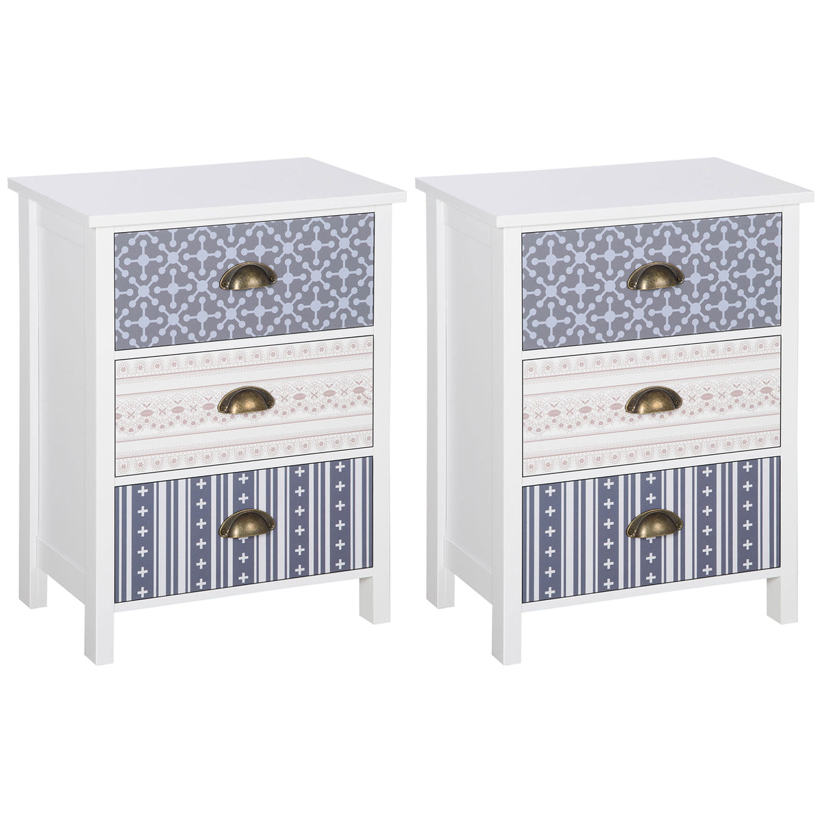 HOMCOM Bedside Table Set of 2 Chest of 3 Drawers Shabby Chic Nightstands with Metal Handle Sofa Side Table for Living Room, Bedroom,Purple