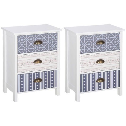 HOMCOM Bedside Table Set of 2 Chest of 3 Drawers Shabby Chic Nightstands with Metal Handle Sofa Side Table for Living Room, Bedroom,Purple