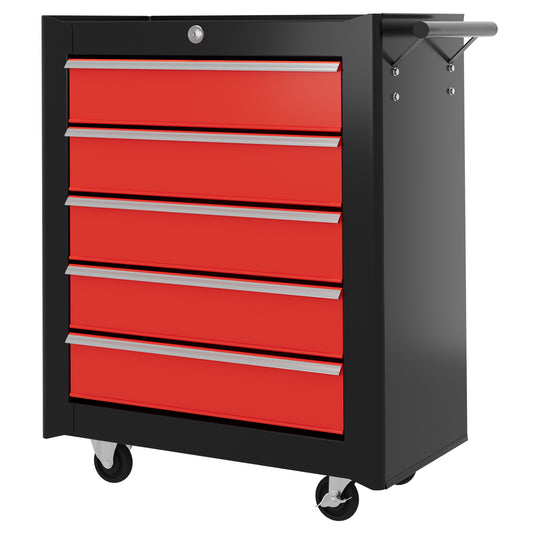 HOMCOM 5-Drawer Tool Chest with Wheels, Steel Lockable Tool Storage Cabinet with Handle, 2 Keys for Garage, Workshop, Red