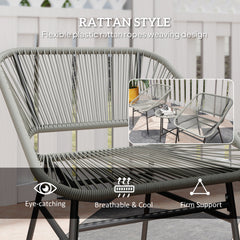 Outsunny 3 Pieces Rattan Bistro Set, Wicker Small Garden Table and Chairs Set with Cushions and Glass Top Coffee Table, Bistro Garden Furniture Set for Outdoor, Patio, Balcony, Light Grey