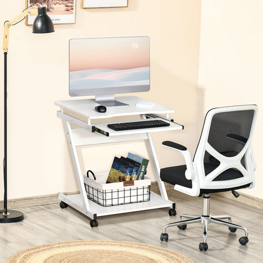 HOMCOM Movable Computer Desk with 4 Moving Wheels Sliding Keyboard Tray Home Office Workstation White