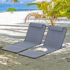 Outsunny Set of 2 Foldable Garden Beach Chair Mat Lightweight Outdoor Sun Lounger Seats Adjustable Back Metal Frame PE Fabric Head Pillow w/ Carry Bag,Grey