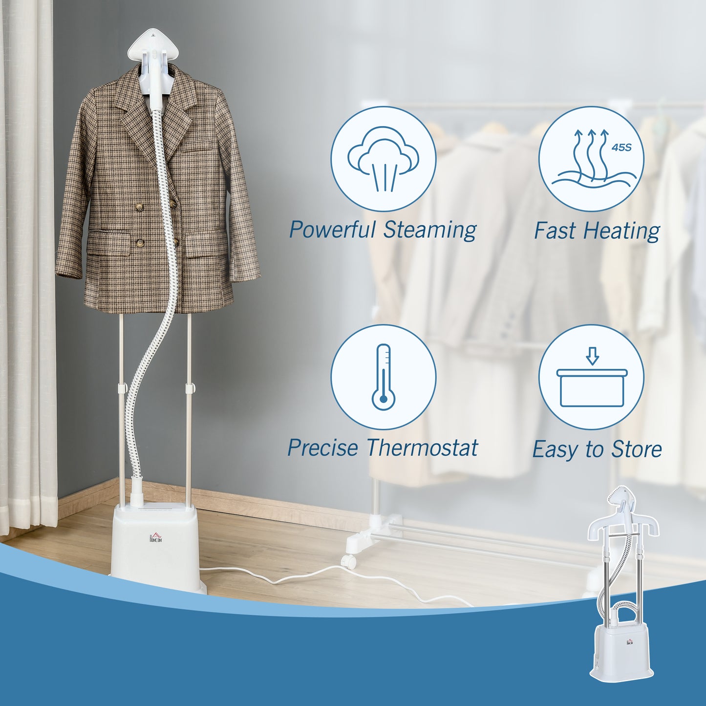 HOMCOM Upright Garment Clothes Steamer with 6 Steam Setting, 45s Fast Heat-up, 1.7L Water Tank and 35g/min steam flow, Wrinkle and Odour Remover Suitable for all Fabrics, 1960W, White