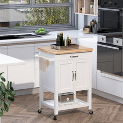 HOMCOM Kitchen Storage Trolley Cart Rolling Wheels Shelves Cupboard W/ Drawer And Towel Rail Rubber Wood Worktop White