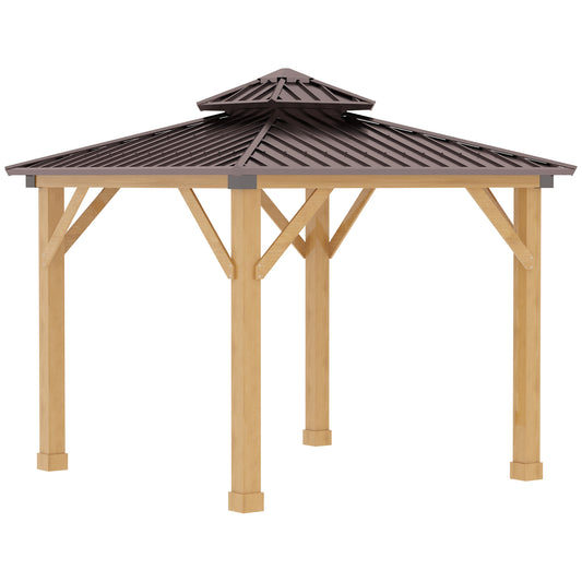 Outsunny 3x(3)M Outdoor Hardtop Gazebo Canopy with 2-Tier Roof and Solid Wood Frame, Outdoor Patio Shelter for Patio, Garden, Brown