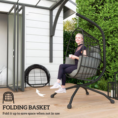 Outsunny Hanging Egg Chair Outdoor Indoor Garden Swing Chair with Folding Basket and Thickened Cushion, Garden Hanging Chair with Stand, Headrest, Cup Holder for Patio, Balcony, Dark Grey