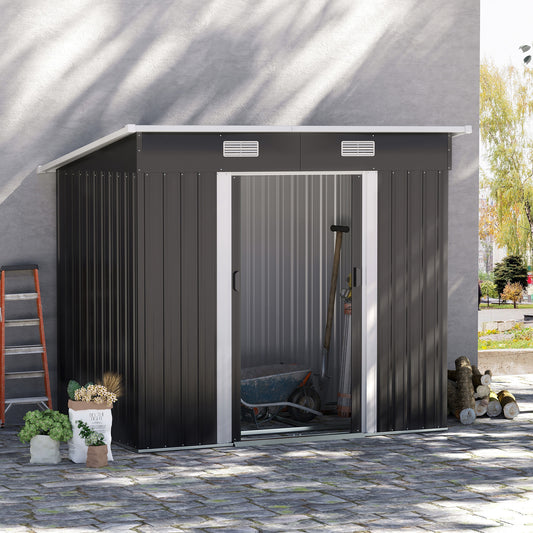 Outsunny 7 x 4ft Outdoor Storage Shed with Foundation Kit, Lean to Metal Garden Shed for Log, Rubbish Bin, Tool, Lawnmower, Bike, Patio and Lawn Use, Black