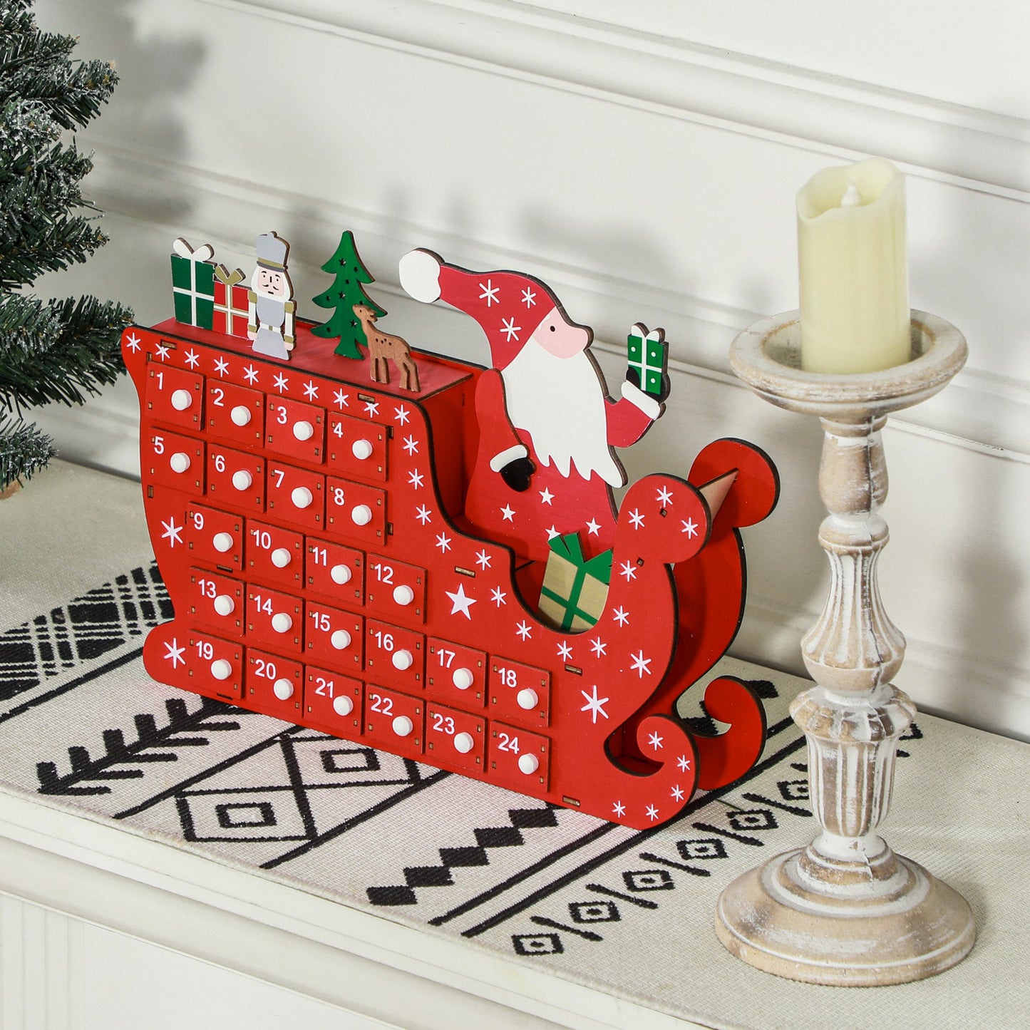 HOMCOM 24-Drawer Reusable Santa Sleigh Christmas Advent Calendar