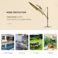 Outsunny 3m Cantilever Parasol w/ Solar Lights Power Bank Base 360√Ç¬∞ Spin Khaki