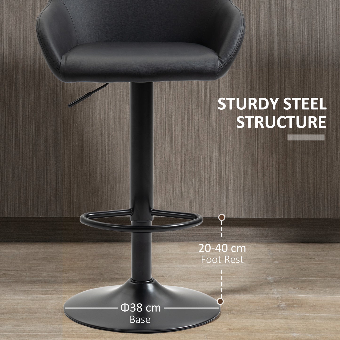 HOMCOM Bar Stools Set of 2, Height Adjustable Swivel Barstools, PU Leather Kitchen Stools with Backs, Armrests and Footrest for Home, Counter and Dining Room, Black