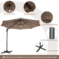 10 Feet Cantilever Solar Umbrella 28LED Lighted Patio Offset Tilt 360° for Outdoor-Brown