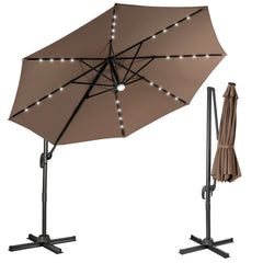 10 Feet Cantilever Solar Umbrella 28LED Lighted Patio Offset Tilt 360° for Outdoor-Brown