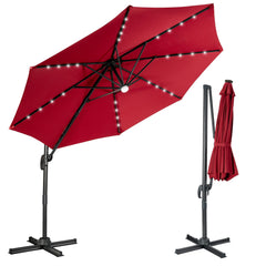 10 Feet Cantilever Solar Umbrella 28LED Lighted Patio Offset Tilt 360° for Outdoor-Wine