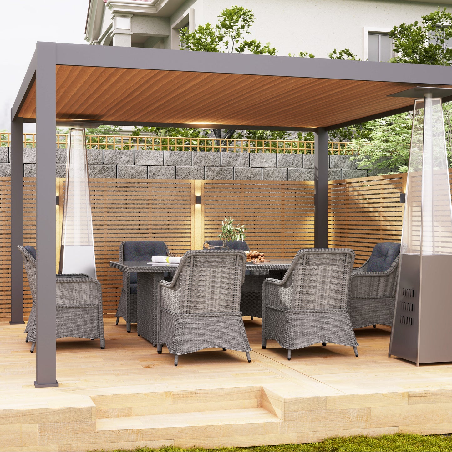 Outsunny 6 Seater Rattan Dining Set, Round PE Rattan Garden Furniture Set with Seat and Back Cushions, Aluminium Outdoor Dining Table and Chairs with 6 Armchairs, Rectangular Glass Top Table, Grey