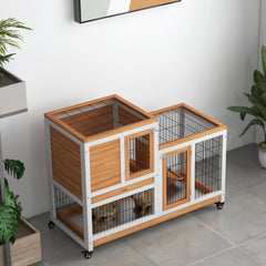 PawHut Wooden Indoor Hutch Elevated Cage w/ Wheel, Run, Yellow