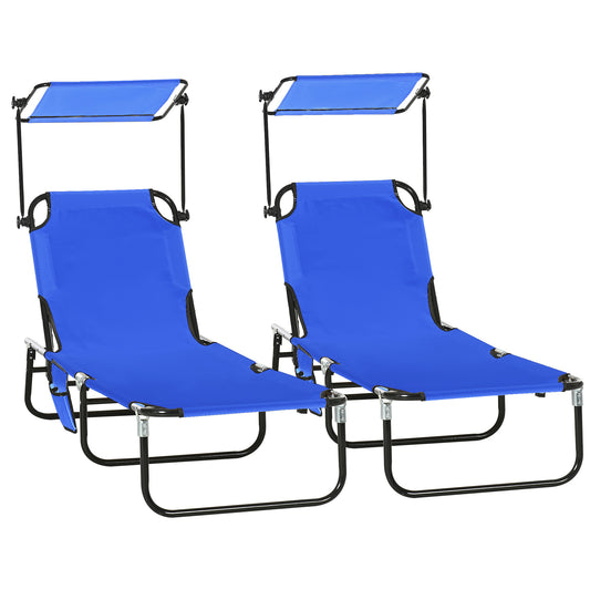 Outsunny Set of Two Folding Sun Loungers, with Adjustable Backs and Sun Canopies - Blue