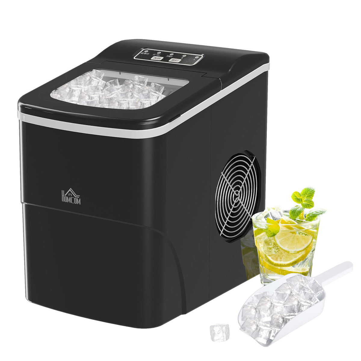 HOMCOM Portable Ice Maker Countertop, Bullet Ice Cube Machine, 9 Ice Cubes per 8 Minutes, Automatic Cleaning, Visible Window Scoop and Basket for Kitchen, Office, Bar, Black