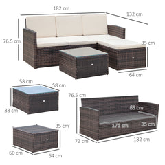 Outsunny 3 Pieces Outdoor PE Rattan Corner Sofa Set with Thick Cushions, Patio Rattan Garden Furniture with Glass Top Coffee Table and Footstool, Brown