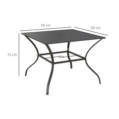 Outsunny 94 x 94 cm Garden Table with Parasol Hole, Outdoor Dining Garden Table for Four with Slatted Metal Plate Top, Dark Grey