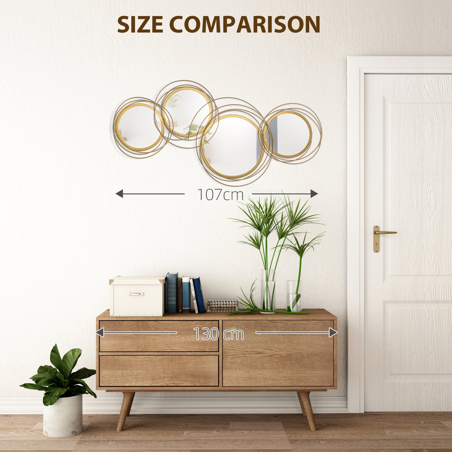 HOMCOM Metal Wall Mirrors, 107cm Modern Decorative Gold Mirror Decor Hanging, Home Wall Sculptures for Living Room Bedroom Dining Room