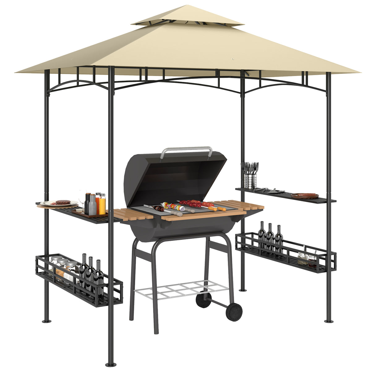 Outsunny 8' x 5' Grill Gazebo Canopy, Double Tiered Outdoor BBQ Gazebo Shelter with 2 Side Shelves, Storage Baskets, Hook for Garden, Patio, Barbecue, Picnic, Beige