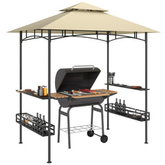 Outsunny 8' x 5' Grill Gazebo Canopy, Double Tiered Outdoor BBQ Gazebo Shelter with 2 Side Shelves, Storage Baskets, Hook for Garden, Patio, Barbecue, Picnic, Beige