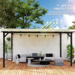 Outsunny 3 x 4.3m Metal Pergola with UPF 50+ and Waterproof Polycarbonate Roof, Wall-Mounted or Free Standing Garden Gazebo, Wind-resistant Outdoor Sun Shade, Dark Grey