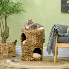 PawHut 47cm Cat Barrel Tree for Indoor Cats with 2 Condos, Kitten Tower with Cushion - Light Brown