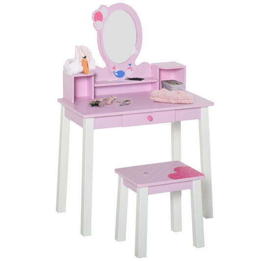 HOMCOM Kids Wooden Dressing Table and Stool Make Up Desk (Pink)