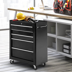 HOMCOM 5-Drawer Tool Chest, Lockable Steel Tool Storage Cabinet with Wheels and Handle Tool Box for Garage, Workshop, Black