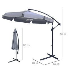 Outsunny 2.7m Garden Banana Parasol Cantilever Umbrella with Crank Handle and Cross Base for Outdoor, Hanging Sun Shade, Dark Grey