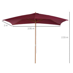 Outsunny 2 x 3m Wooden Garden Parasol Umbrella Outdoor Sun Shade Canopy, Wine Red