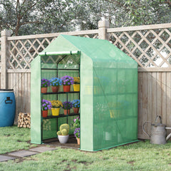 Outsunny Walk in Greenhouse with Shelves Steeple Green House for Garden Grow House Removable Cover 143x138x190cm, Green