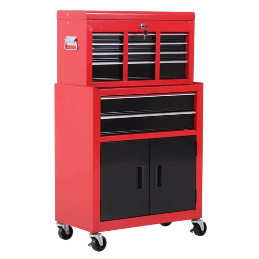 HOMCOM Tool Chest, Metal Tool Cabinet on Wheels with 6 Drawers, Pegboard, Top Chest and Roller Cabinet Combo, 61.6 x 33 x 108cm, Red and Black