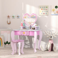 AIYAPLAY Kids Dressing Table Set, Vanity Table with Stool, Mirror, Drawer, Desktop Storage, Heart Theme, Pink