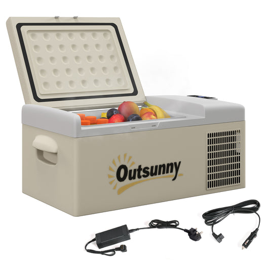 Outsunny 16L Portable Car Fridge, -20√¢‚Äû∆í to 10√¢‚Äû∆í Adjustable Temperature - Khaki/Grey