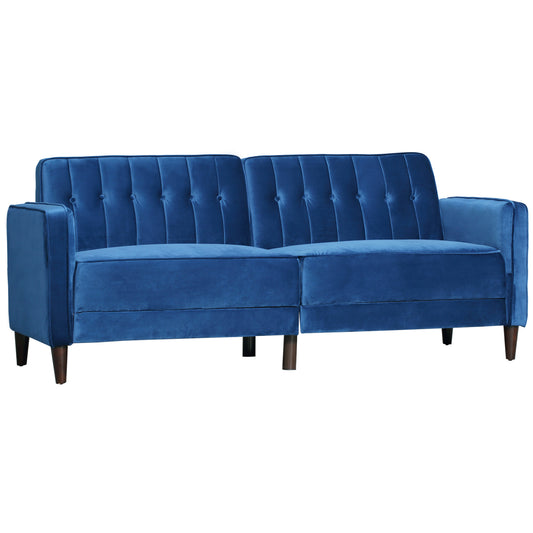 أريكة سرير من HOMCOM Modern 3 Seater Velvet Sofa Bed، أريكة سرير Click Clack، أريكة نوم مبطنة بأزرار مع مسند ظهر قابل للإمالة وأرجل من الخشب المطاطي، باللون الأزرق