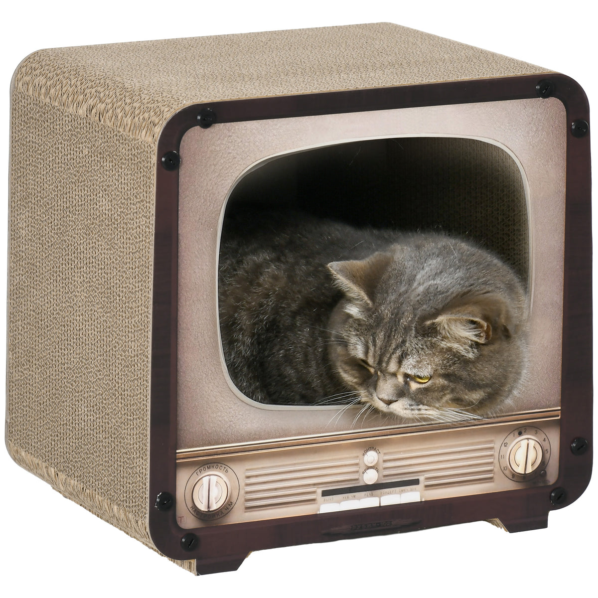 PawHut 2 in 1 TV Shape Cat Scratching Board House with Catnip, for Indoor Cats, Brown