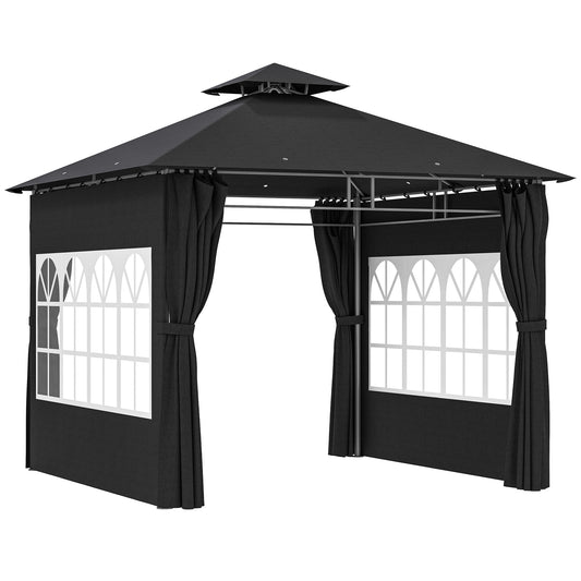 Outsunny 3 x 3 m Garden Gazebo, Double Roof Metal Gazebo with Removable Sidewalls and Church Windows, Outdoor Canopy Shelter, Black