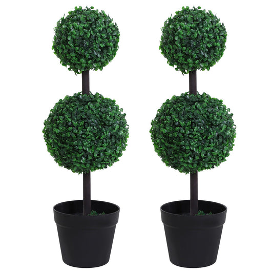 Outsunny Set of 2 Artificial Boxwood Ball Topiary Trees Potted Decorative Plant Outdoor and Indoor D√É¬©cor (67cm)