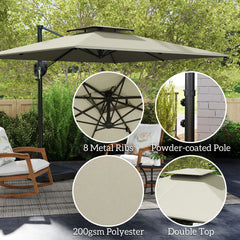 Outsunny Cantilever Parasol with Weighted Base Double Top Garden Parasol Square Hanging Patio Umbrella with Crank Tilt Light Grey